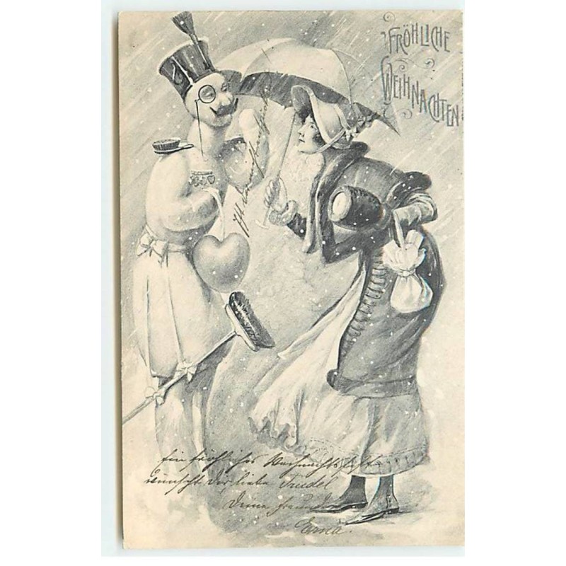 n°21577 - Fröhliche Weihnachten - Jeune femme parlant avec un bonhomme de neige en soldat, sous la neige