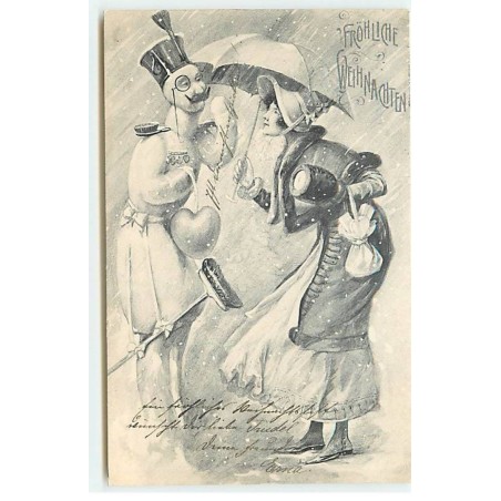 n°21577 - Fröhliche Weihnachten - Jeune femme parlant avec un bonhomme de neige en soldat, sous la neige