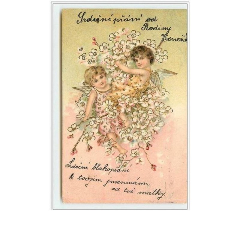n°2158 - Carte  Gaufrée - Angelots dans des fleurs blanches