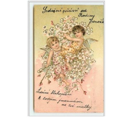n°2158 - Carte  Gaufrée - Angelots dans des fleurs blanches