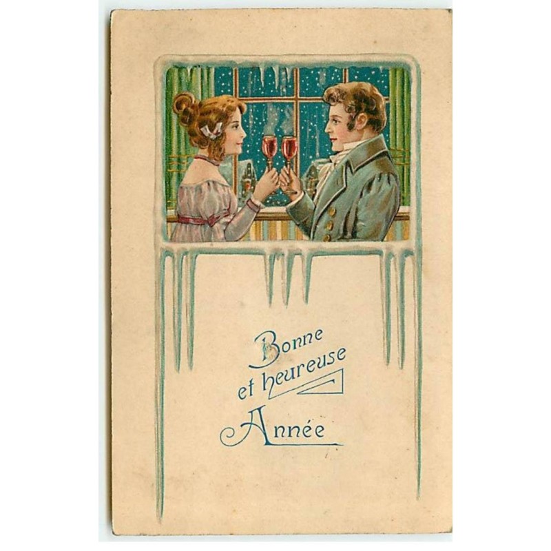 n°21583 - Carte Gaufrée - Bonne et Heureuse Année - Couple trinquant