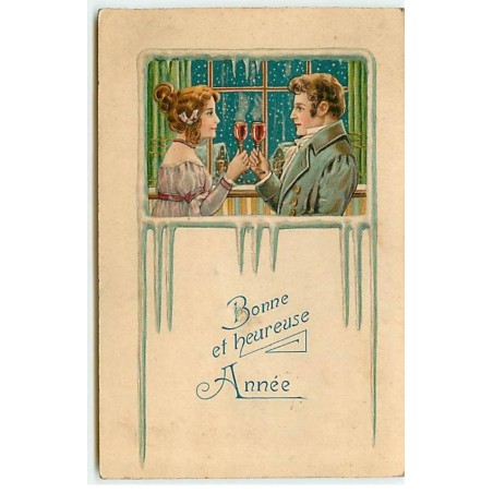 n°21583 - Carte Gaufrée - Bonne et Heureuse Année - Couple trinquant